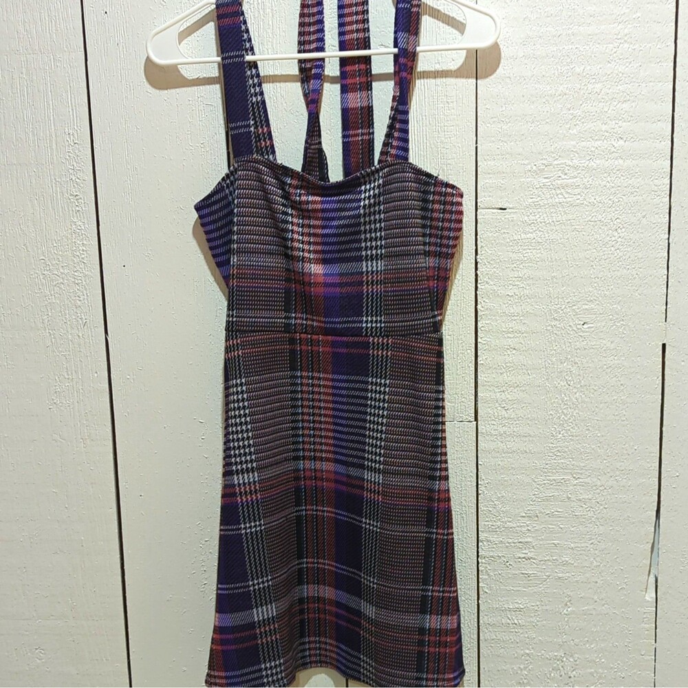 FOREVER 21 Women’s Purple/Black/White Plaid Knit Square Neck Mini Dress M w/Belt